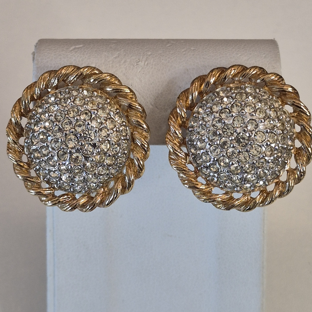 Vintage St John Austrian Swarovski Gold Plate Pave Twisted Rope Halo Clip Ons